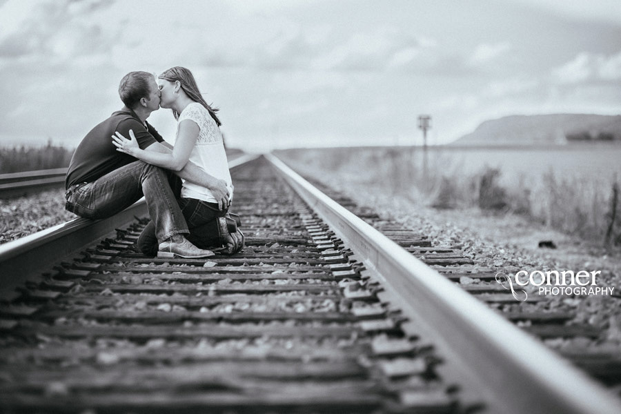 Fall Country Engagement on train tracks and barn