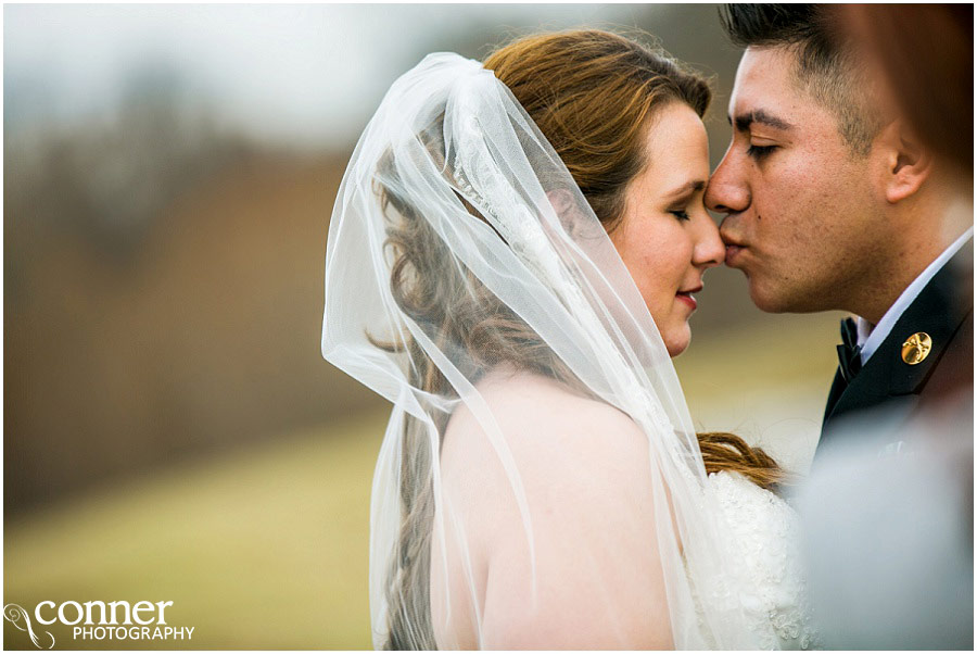 st louis villa marie winery bride and groom kiss