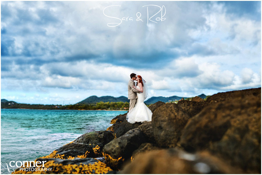 st lucia destination wedding bride and groom on rocks