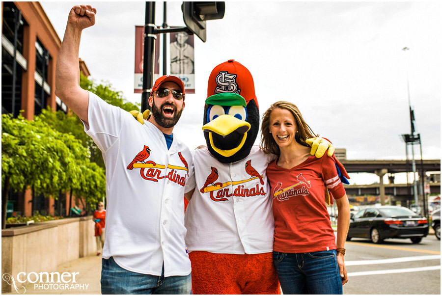 st louis cardinals ballpark village engagement photos with fredbird 