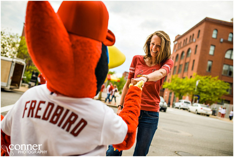 st louis cardinals ballpark village engagement photos with fredbird