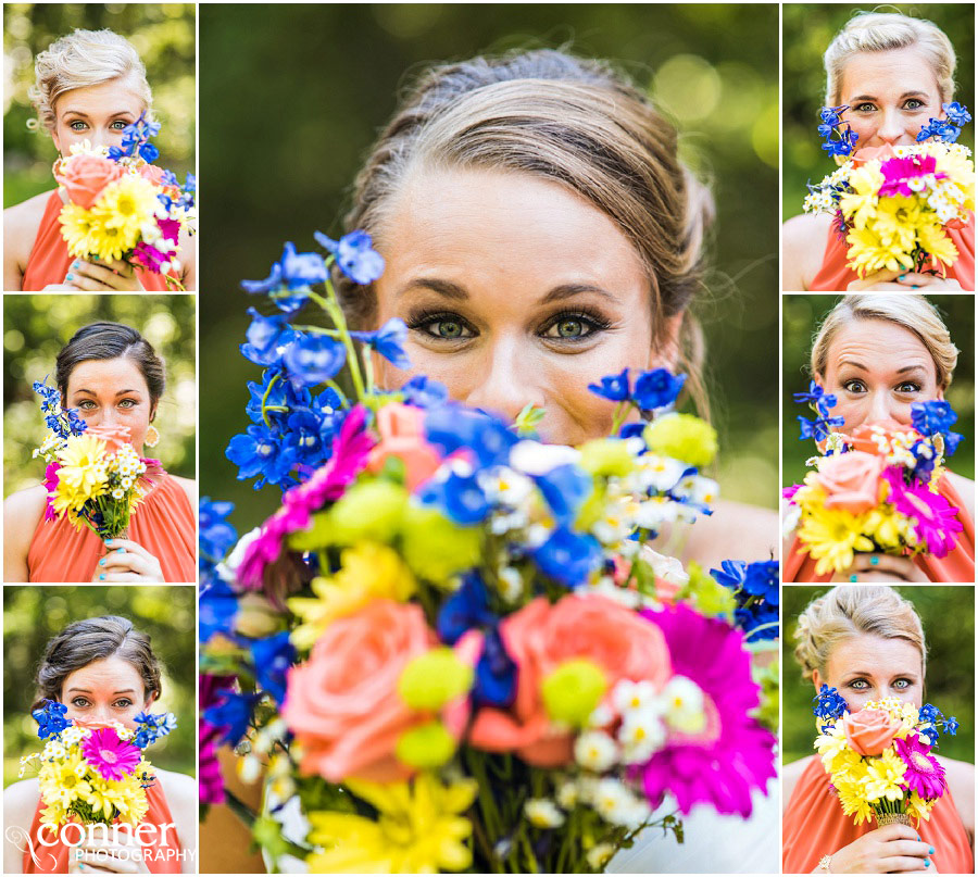 funny bridesmaids holding flowers in st louis