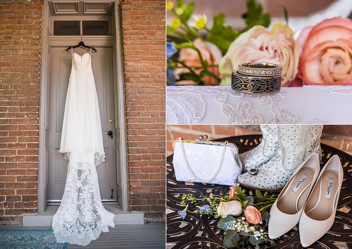 Wedding details including Grace’s dress, rings, shoes, purse, and flowers at Main Street Inn