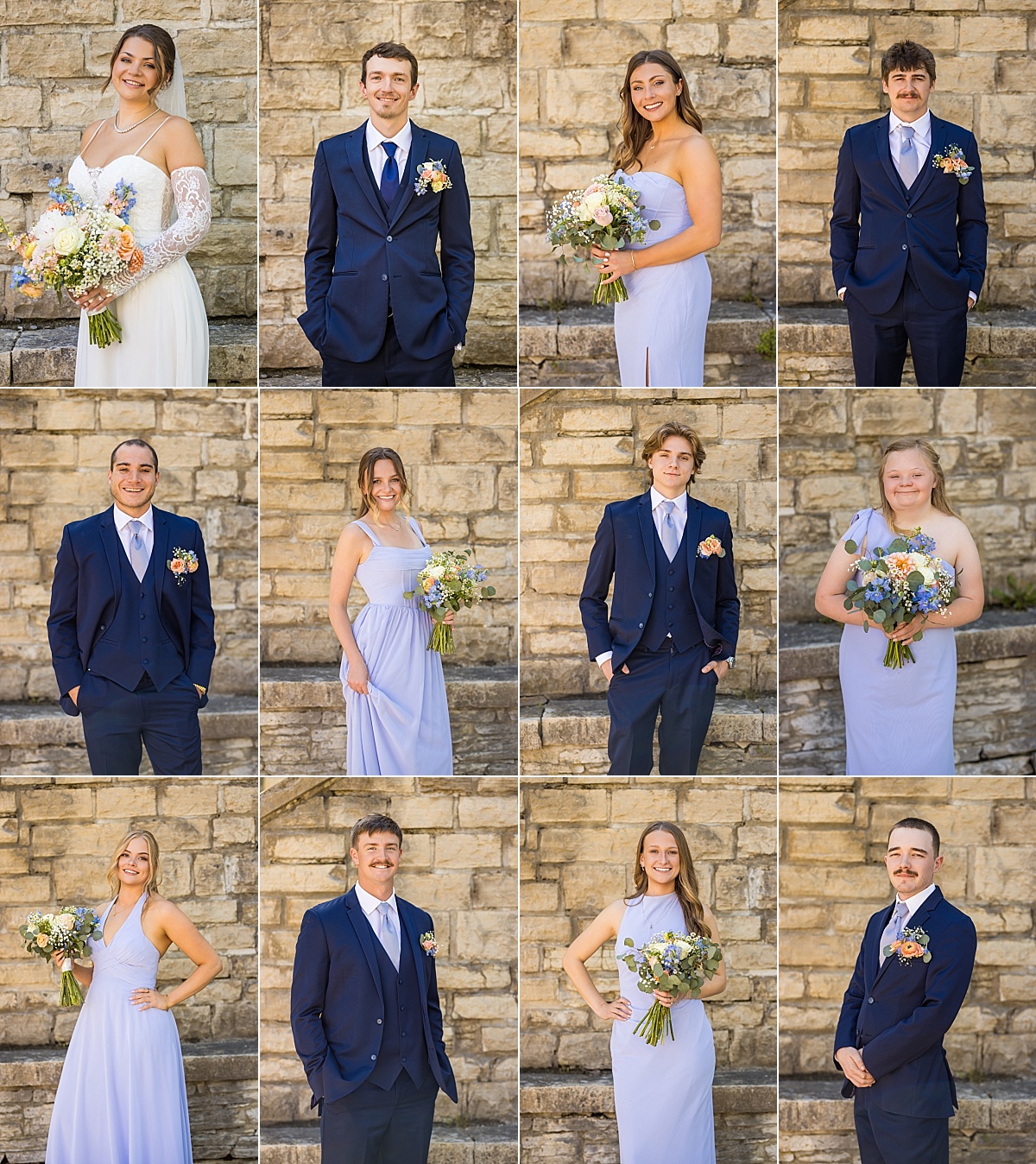 Wedding party portrait collage against a historic stone wall in Ste. Genevieve
