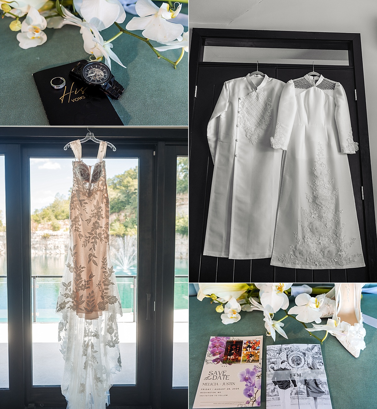 Wedding details including Justin's watch and ring, Vietnamese wedding attire, Melicia's lace wedding dress, and the couple's invitations.