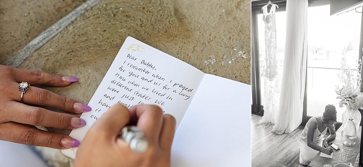 Melicia writes a heartfelt note on her wedding day.