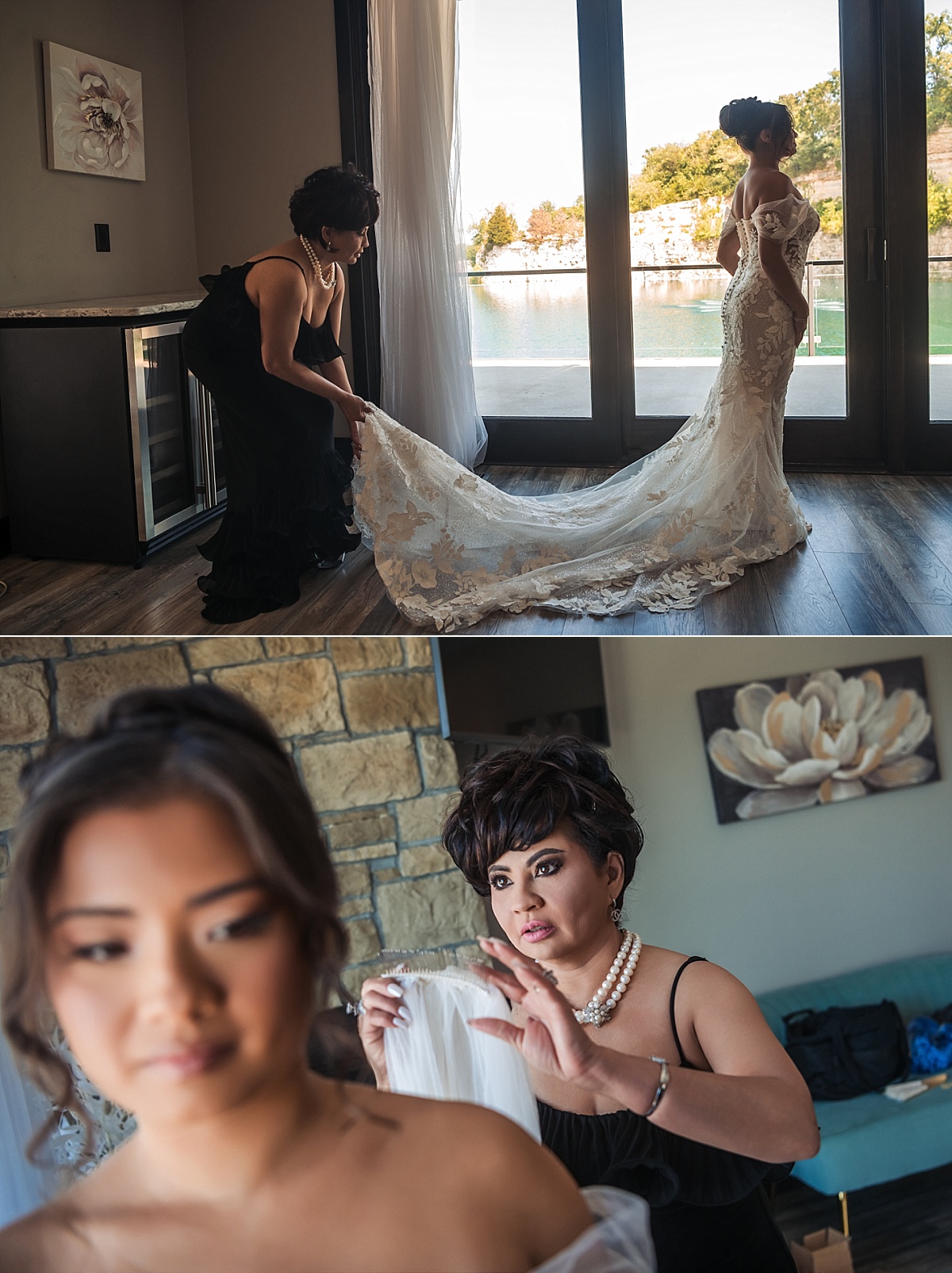 Melicia's mother helps arrange the train of her lace wedding gown as she prepares for the ceremony.