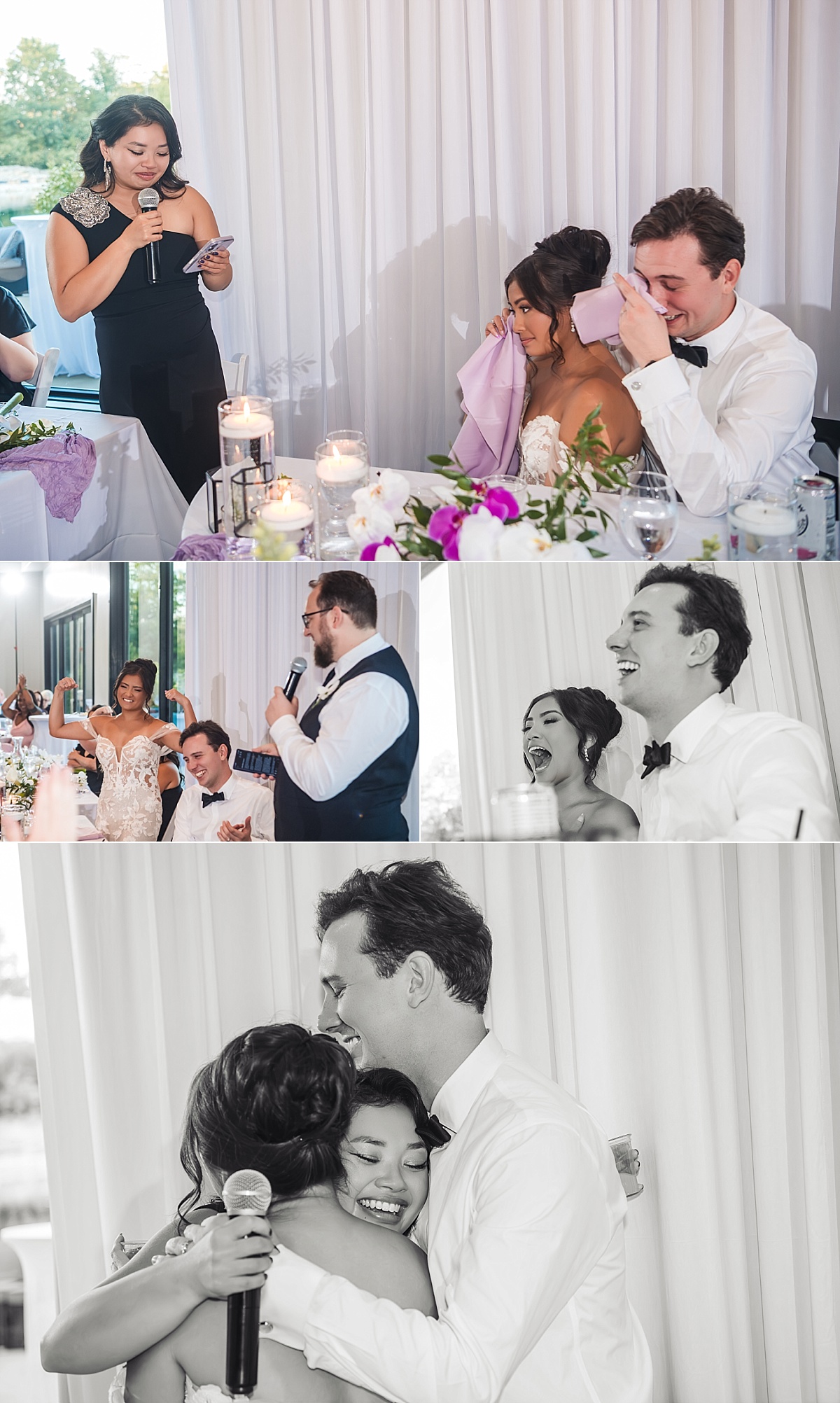 Wedding reception moments capture an emotional speech, Melicia wiping away tears, and the couple sharing laughter and a hug.