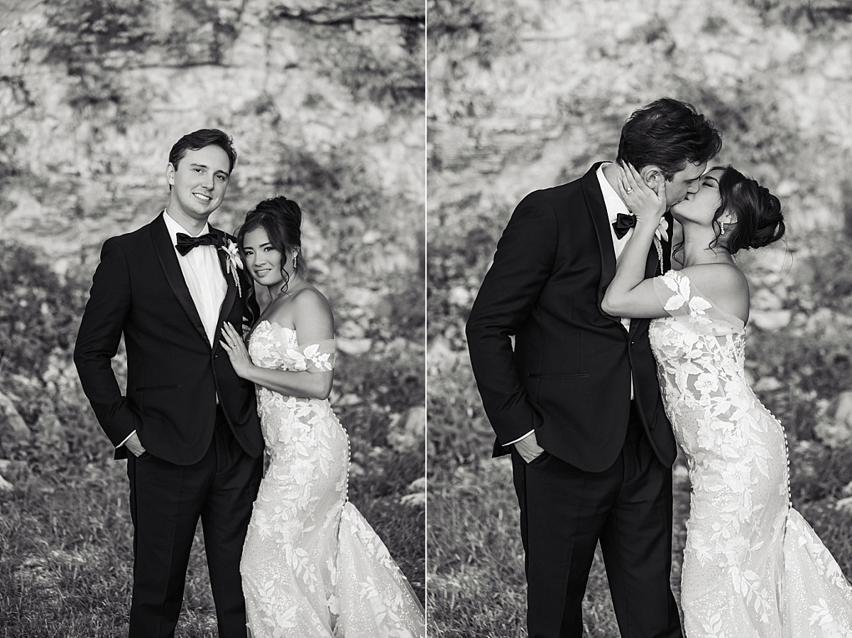 Black-and-white diptych of Melicia and Justin posing together and sharing a kiss.