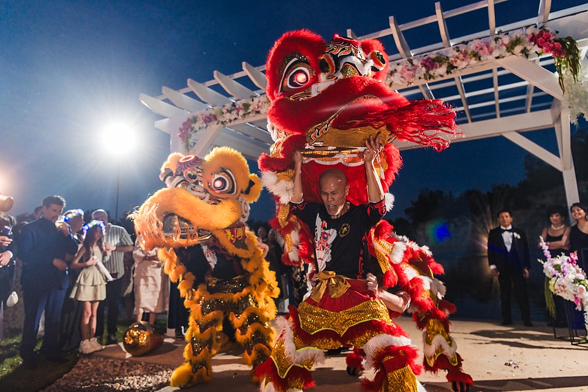 Red and yellow lion dancers perform beneath the wedding pergola as guests watch the traditional Vietnamese celebration.