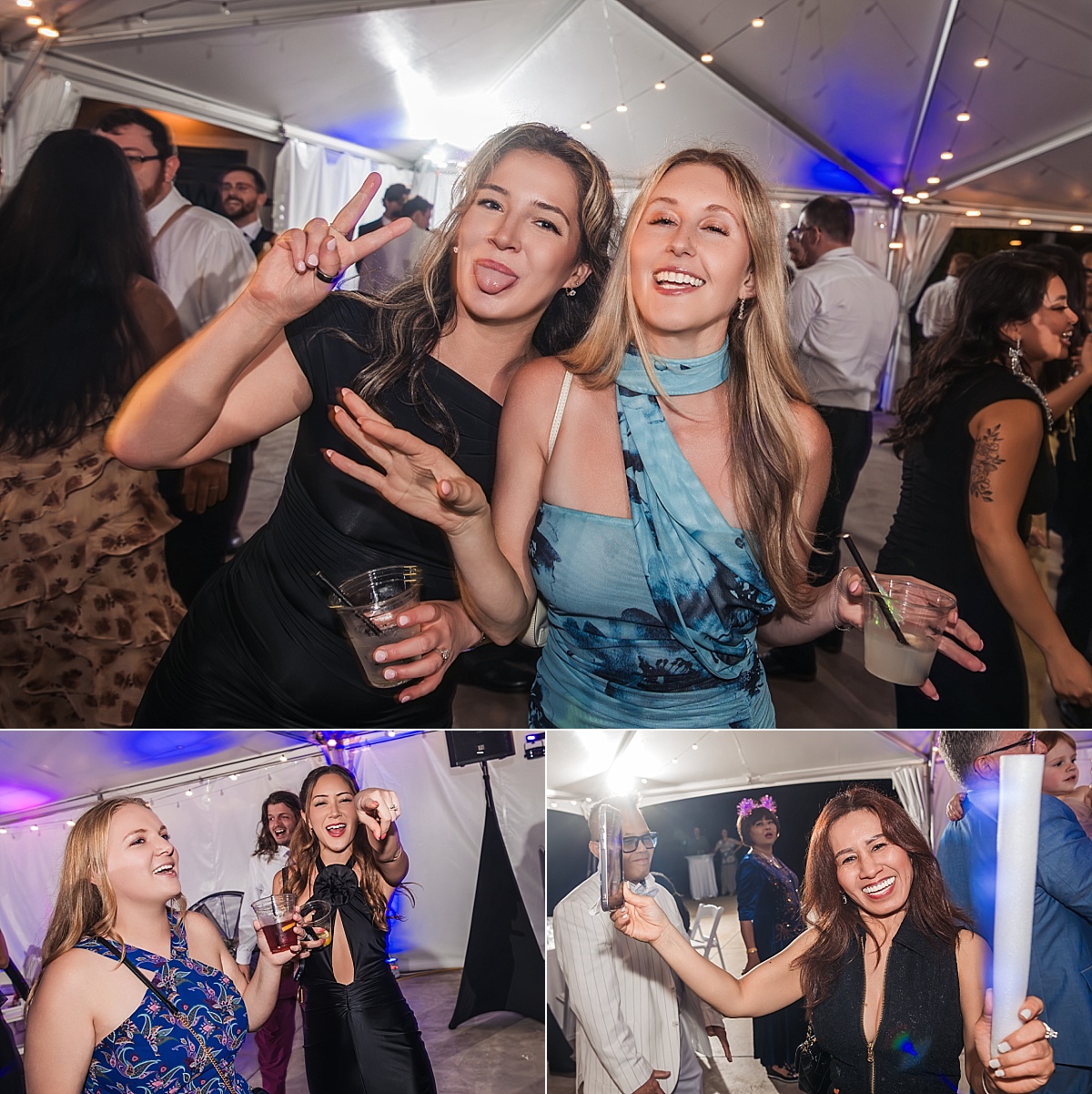 Wedding guests dance and celebrate beneath colorful lights during Melicia and Justin's reception.