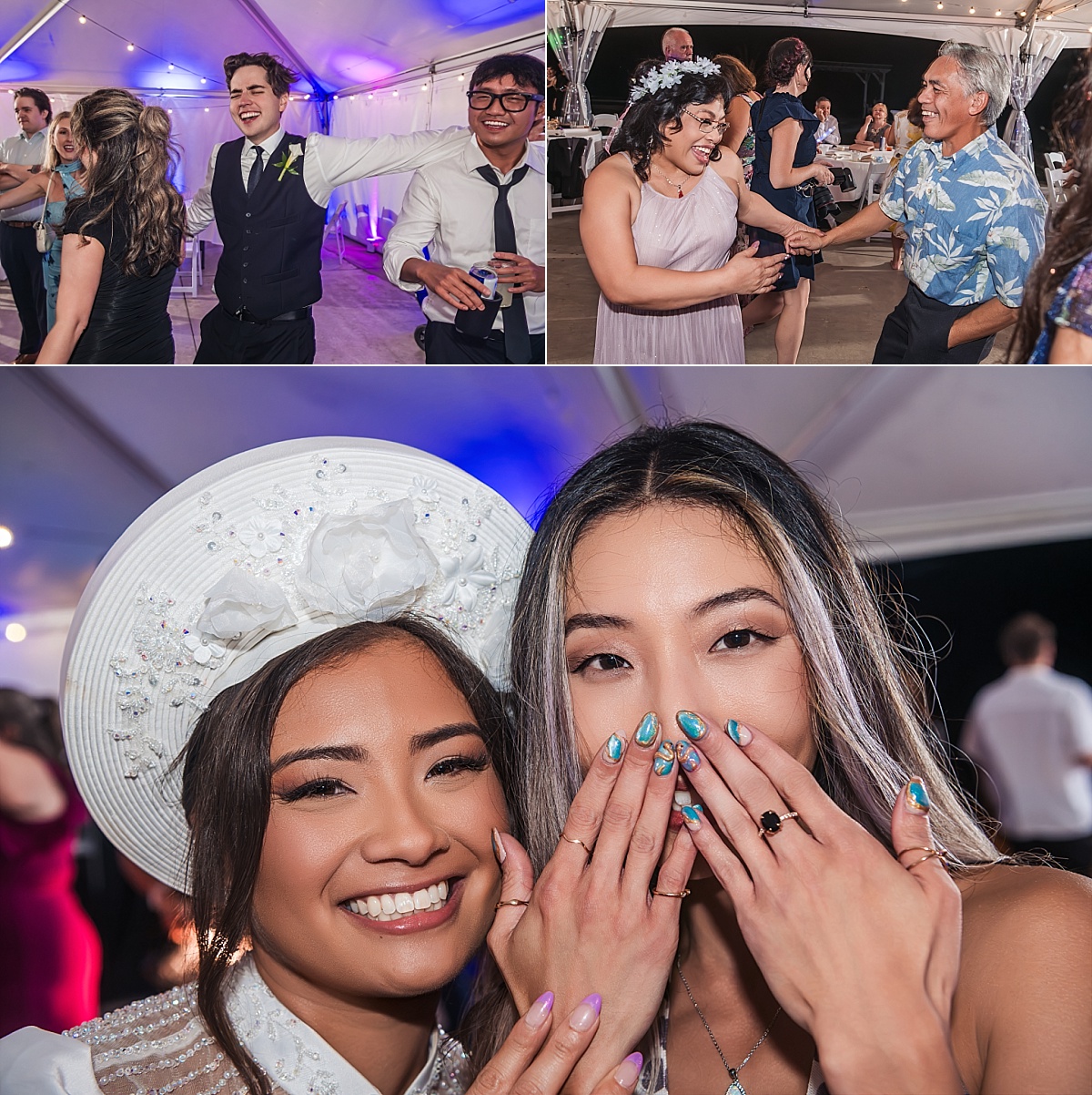 Guests dance beneath blue and purple lights, sharing joyful moments during the wedding reception.