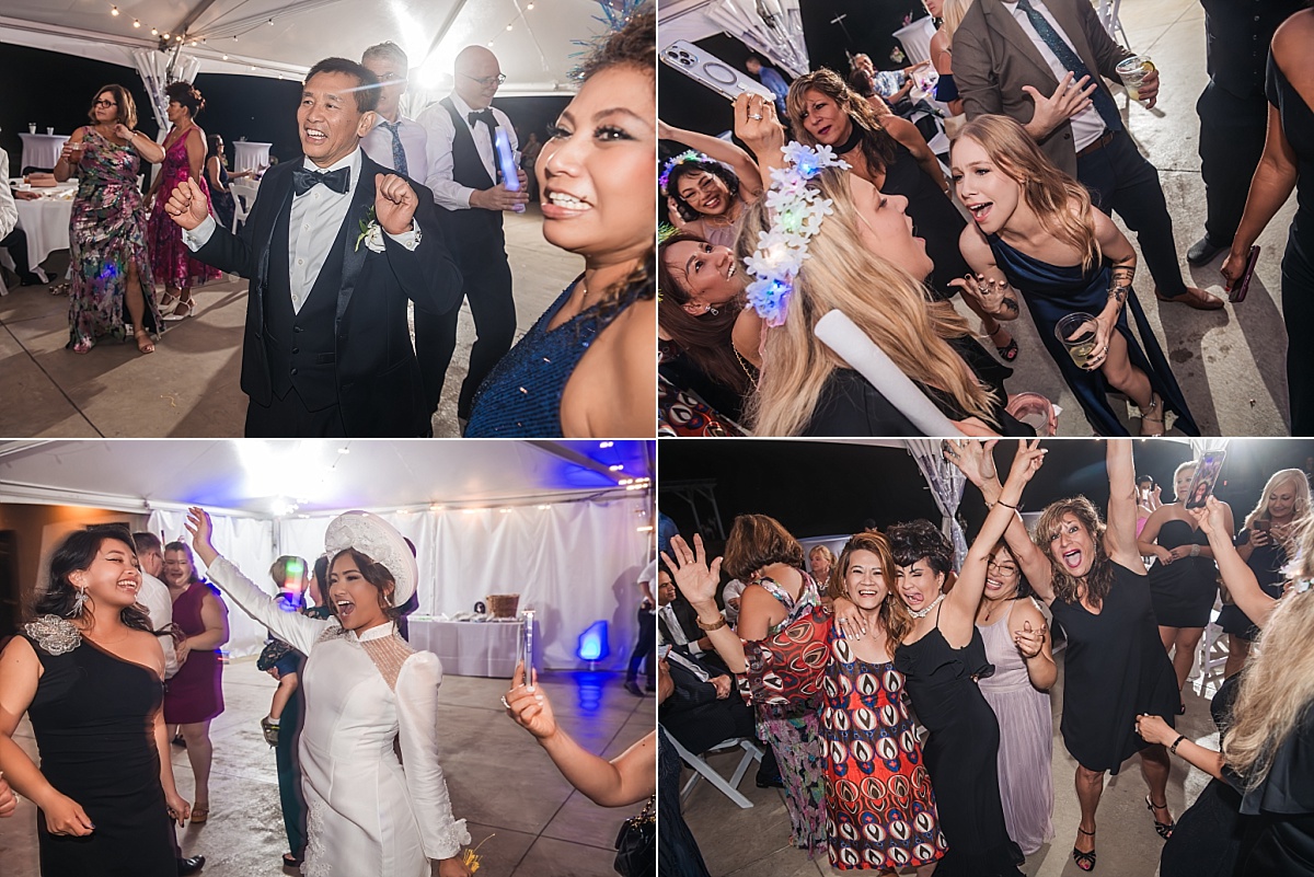 Friends and family dance with glowing accessories during Melicia and Justin's lively wedding reception.
