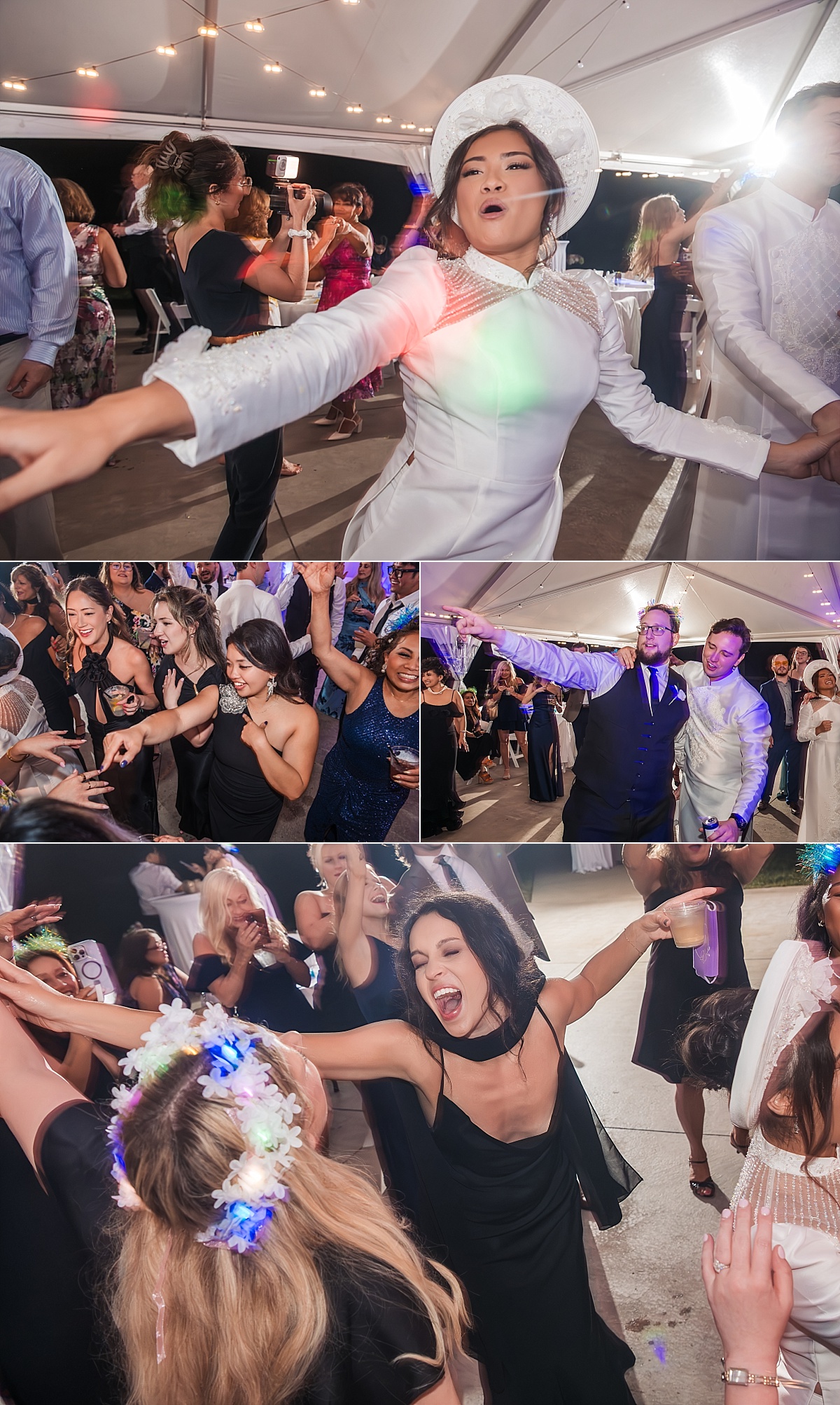 Melicia dances enthusiastically in her traditional Vietnamese wedding outfit as colorful lights fill the reception tent.
